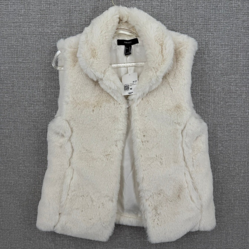 Forever 21 Faux Fur Vest Women Medium White Soft Plush Boho Coquette